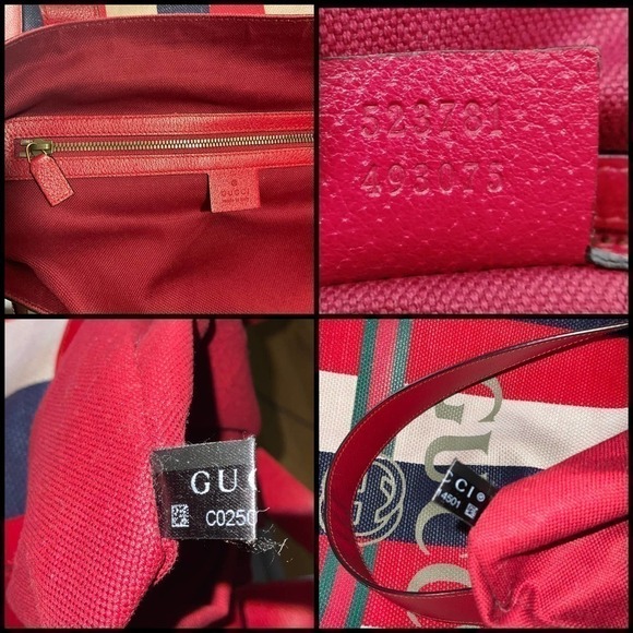 GUCCI Canvas Calfskin Sylvie Stripe Logo Mens Tote Red White Blue Large. - Picture 5 of 16